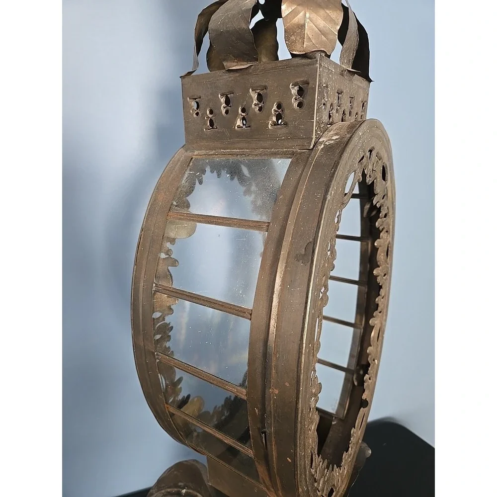Baroque Mexican Tin Metal Lantern Lamp Ornate Handmade‎ Pedestal Sun Flower